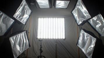 An intricate shot of the softboxs inner lining revealing layers of diffusion material that enhance light quality surrounded by the bright glow of multiple LED panels emitting a sof photo
