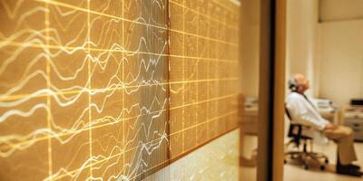 Closeup of a digital brainwave visualization projected on a screen reflecting the brain activity of an elderly man using a noninvasive braincomputer interface for cognitive. photo