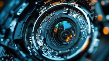 Closeup of a camera lens with intricate sensors and circuitry visible highlighting the technology behind automated exposure control systems that continuously analyzes light condition photo