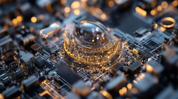 Camera lens emerging from futuristic circuit board with golden lights photo