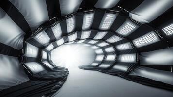 Light panels illuminating inflatable tunnel structure for filmmaking photo