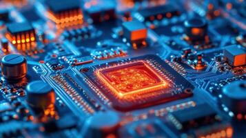 Electronic circuit board showing cpu processing data with orange light effect photo
