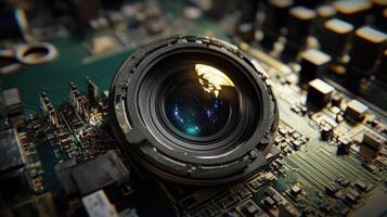 A macro shot of an advanced image sensor module featuring a glossy lens structure and an array of microphotodetectors set against a backdrop of densely packed circuit components photo