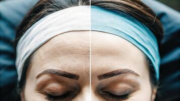 Close up of a womans forehead showcasing a beforeandafter effect of a botox treatment with the smoother relaxed skin visibly contrasting against the brow area still showing. photo
