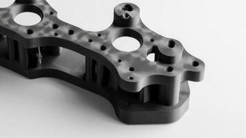 A detailed view of a custom 3Dprinted gimbal bracket featuring complex geometries that provide stability while maintaining minimal weight with visible layering that emphasizes the additiv photo