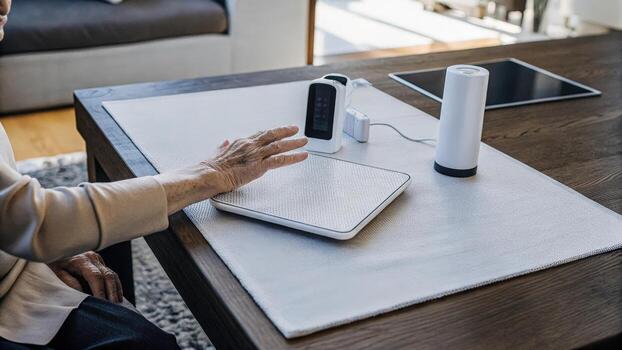 An elderly person touches a hightech sensor pad embedded in a dining table which lights up in response with various health monitoring gadgets displayed elegantly around the room.. photo