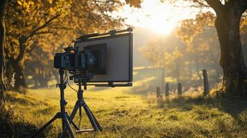 The matte box in use outdoors featuring adjustable flags extended to block direct sunlight creating optimal lighting conditions for a film shoot surrounded by a vibrant natural backdrop photo