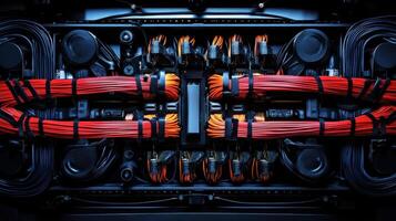 Complex electronic device with red and orange wires connecting components photo