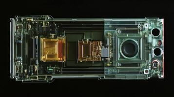 An image displaying a detailed crosssection of a camera sensor revealing the microchip structures and lightsensitive cells responsible for converting light into highresolution digita photo