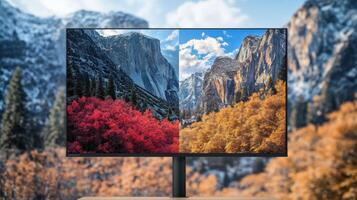 A sidebyside comparison of two images displayed on a monitor one showing high electronic noise captured in lowlight conditions and the other showcasing a postprocessed clear image afte photo