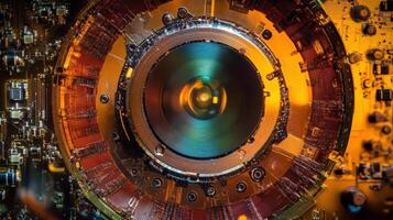 Large format camera lens showing electronic connections and reflecting light photo