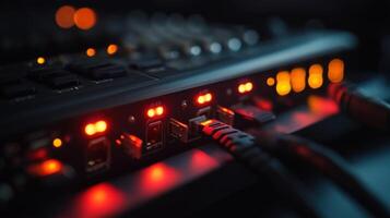 A closeup of a portable hard drive with LED lights indicating activity positioned next to multifaceted input ports where various cameras are linking to the computer emphasizing th photo