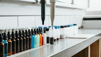 An array of colorful reagent bottles sits neatly on a lab bench with a hightech digital pipette poised ready to transfer precise volumes highlighting detailoriented biohacking. photo