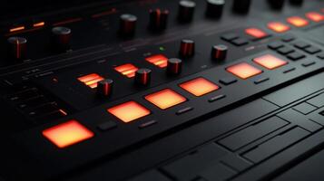 Professional audio mixer with illuminated buttons and knobs in operation photo