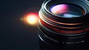 A side profile of a camera lens adorned with a stacked set of filters displaying the varying thickness and dimensions of each filter along with a faint lens flare that emphasizes th photo