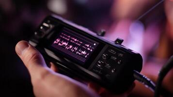 A side view of the audio recorder in use during a live recording session capturing sound waves visually on the digital display while a musician adjusts the channel settings conveyin photo