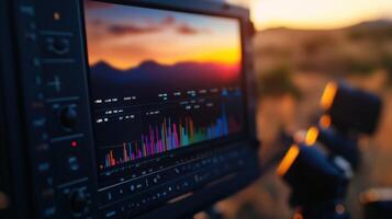 A closeup glimpse of a field monitor featuring an overlay of technical data including RGB histograms and peaking indicators. The sharp display highlights key information while showcasin photo