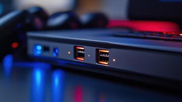 A closeup of a portable hard drive with LED lights indicating activity positioned next to multifaceted input ports where various cameras are linking to the computer emphasizing th photo
