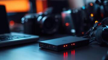 Portable ssd drive powering on with filmmaking equipment in background photo