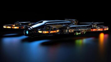 Futuristic filmmaking drone hovering in dark studio photo