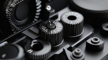 A closeup view of a precisionengineered follow focus system highlighting its gear mechanism and adjustable marking discs positioned next to a set of compatible lens gear rings photo
