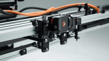 An image capturing the integration of the camera rig mounted on the dolly focusing on the adjustable brackets and locking mechanisms ensuring secure placement with wires tidily manage photo