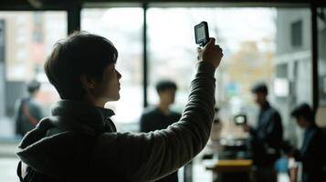 A cinematographer holds a digital light meter up towards a window capturing the soft natural light entering the room with various equipment and crew members softly blurred in the photo