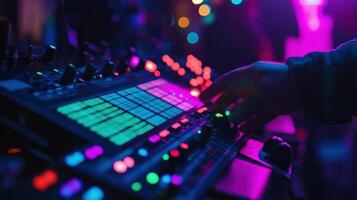 Dj mixing music on controller board in nightclub with colorful lights photo