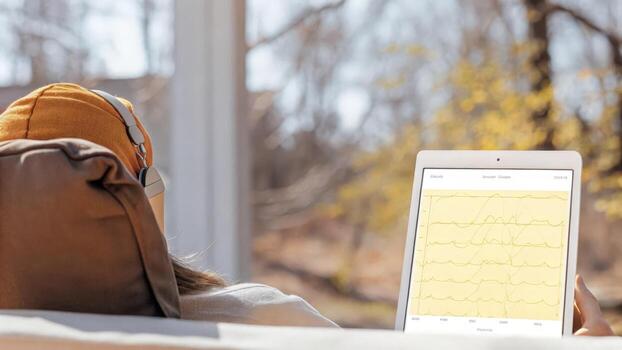 A serene closeup of a user sitting outdoors with an EEG headset surrounded by nature as ambient brainwave data is visualized on a tablet demonstrating mindfulness and cognitive. photo