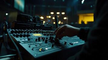 Sound engineer adjusting audio levels on mixing console during live event photo