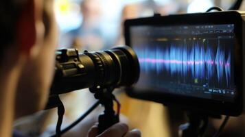 Videographer recording audio using professional camera and monitor photo