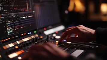 Sound engineer mixing music on audio mixing console photo