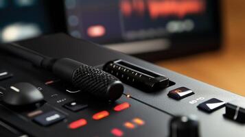 Lavalier microphone resting on audio mixer with editing software displayed on monitor photo