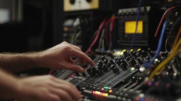 A detailed view of a sound engineers hands skillfully adjusting the faders and settings on a digital mixing board with various audio cables and equipment in the background emphasizin photo