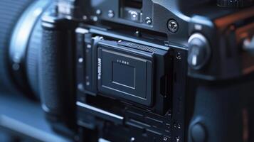 An artistic shot of a camera battery partially inserted into a professional camera body with focus on the seamless connection emphasizing the critical role of power in capturing photo