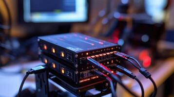 A setup featuring a digital signal converter connected to a highresolution camera and a streaming device illustrating the flow of signals with glowing LED indicators that sho photo