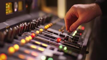 Sound engineer adjusting audio levels on a mixing console during a recording session photo