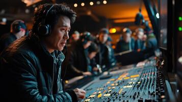 Sound engineer adjusting audio mixing console during filmmaking process photo