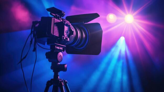 An oncamera talent reading a script projected from a compact teleprompter mounted on a tripod surrounded by studio lights and a backdrop illustrating the seamless integration of technolog photo