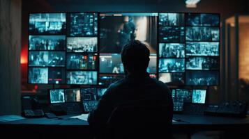 Filmmaker editing movie on multiple computer screens in post production studio photo