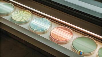 A row of petri dishes containing luminescent microbial cultures viewed from above highlighting a colorful spectrum of microbial colonies thriving under specialized LED lighting.. photo