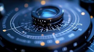 Camera lens showing focus and aperture settings for filmmaking photo