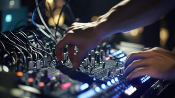A detailed view of a sound engineers hands skillfully adjusting the faders and settings on a digital mixing board with various audio cables and equipment in the background emphasizin photo