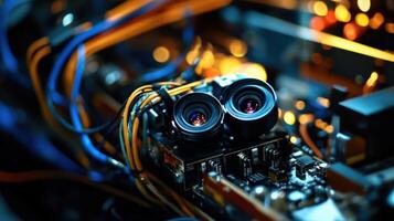 Closeup of a camera mounted on a gimbal system with multiple sensors highlighting the intricate wiring and motors that enable fluid softwaredriven stabilization and precise trackin photo