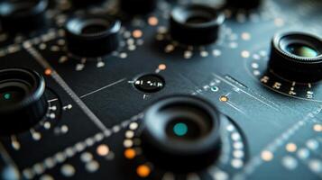A closeup view of an adjustable lens alignment chart displaying a variety of highcontrast patterns and markings designed to help photographers ensure their lens optics are perfectl photo