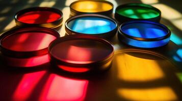 An artistic arrangement of several color filters spread out around a lens featuring vivid hues like red blue and yellow each casting its respective shadow onto the lens enhancing th photo