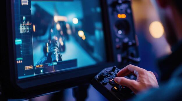 A closeup of a monitor reveals crisp dynamic footage of a pivotal scene with the directors hand hovering over a control joystick. Reflected in the screen are the outlines of the cre photo