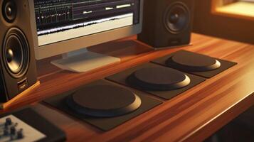 A detailed image of studio monitors on a wooden desk surrounded by sound isolation pads emphasizing how these pads reduce vibrations and enhance audio clarity during mixing and productio photo