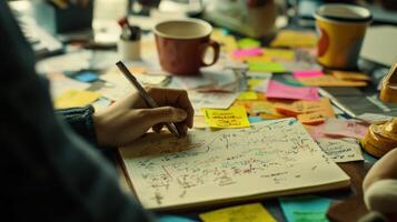 Filmmaker writing notes and brainstorming ideas on a desk covered with sticky notes photo