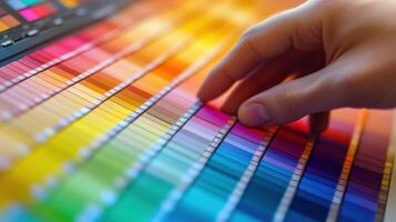 An artists hand adjusting color grading settings on a professional monitor surrounded by color swatches and graphical representations of hues illustrating the meticulous process o photo